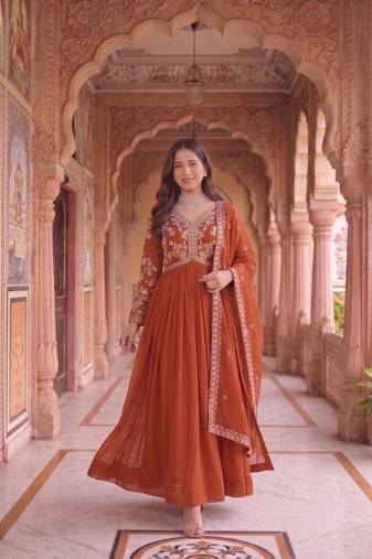 Rust colour georgette ethnic ceremonial wedding reception gown