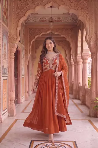 Rust colour georgette ethnic ceremonial wedding reception gown