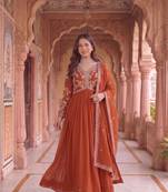 Rust colour georgette ethnic ceremonial wedding reception gown