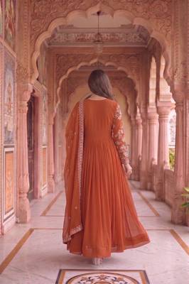 Rust colour georgette ethnic ceremonial wedding reception gown 2