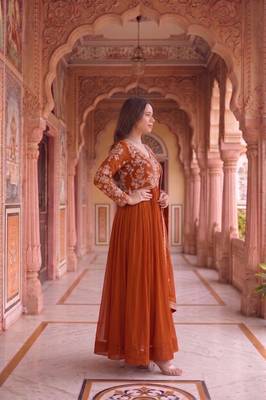 Rust colour georgette ethnic ceremonial wedding reception gown 3