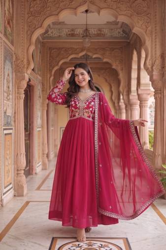 Red colour georgette ethnic ceremonial wedding reception gown