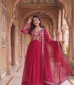 Red colour georgette ethnic ceremonial wedding reception gown