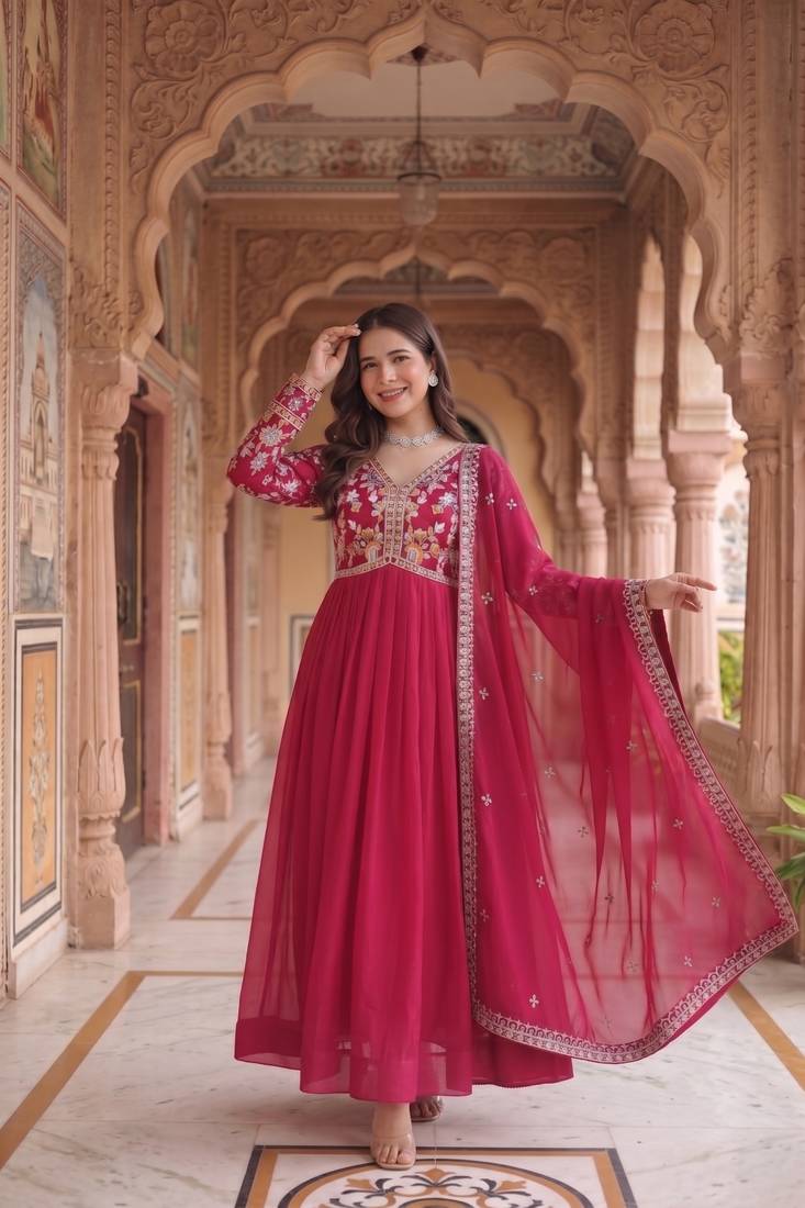 Red colour georgette ethnic ceremonial wedding reception gown
