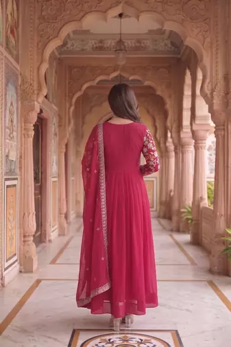 Red colour georgette ethnic ceremonial wedding reception gown
