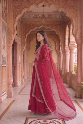 Red colour georgette ethnic ceremonial wedding reception gown 3