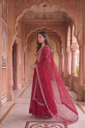 Red colour georgette ethnic ceremonial wedding reception gown