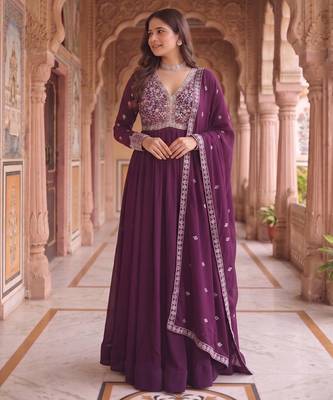 Purple colour georgette ethnic ceremonial wedding reception gown 1