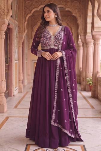 Purple colour georgette ethnic ceremonial wedding reception gown