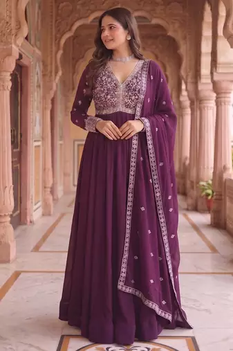Purple colour georgette ethnic ceremonial wedding reception gown