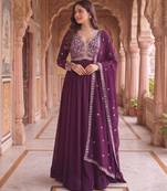 Purple colour georgette ethnic ceremonial wedding reception gown
