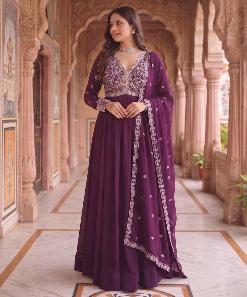 Purple colour georgette ethnic ceremonial wedding reception gown
