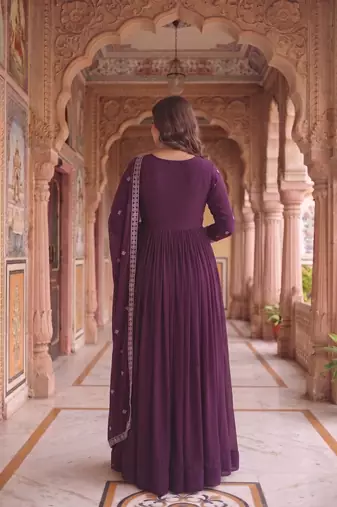 Purple colour georgette ethnic ceremonial wedding reception gown