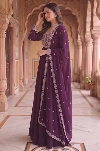 Purple colour georgette ethnic ceremonial wedding reception gown