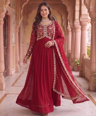 Maroon colour georgette ethnic ceremonial wedding reception gown 1