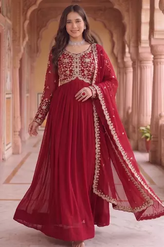 Maroon colour georgette ethnic ceremonial wedding reception gown