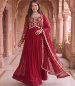 Maroon colour georgette ethnic ceremonial wedding reception gown