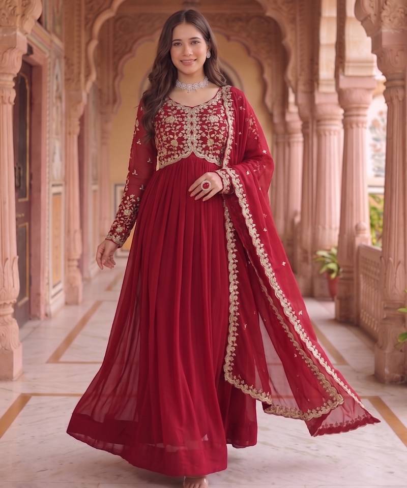 Maroon colour georgette ethnic ceremonial wedding reception gown
