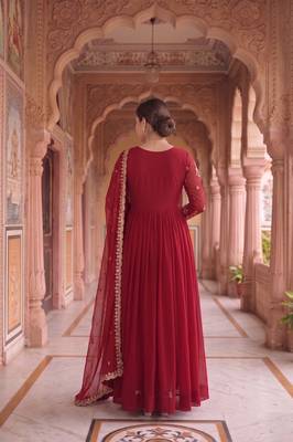Maroon colour georgette ethnic ceremonial wedding reception gown 2