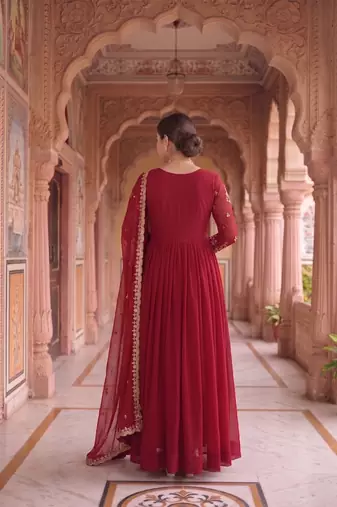 Maroon colour georgette ethnic ceremonial wedding reception gown