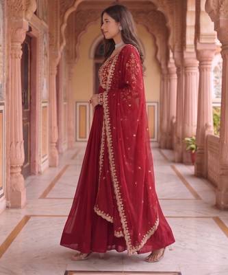 Maroon colour georgette ethnic ceremonial wedding reception gown 3