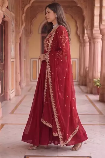 Maroon colour georgette ethnic ceremonial wedding reception gown