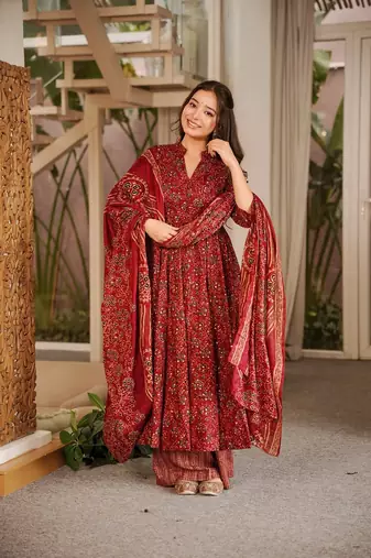 Maroon color muslin fabric designer digital printed readymade suit for fancy trendy looks