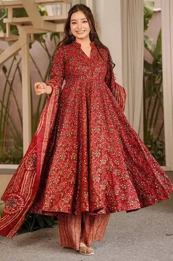 Maroon color muslin fabric designer digital printed readymade suit for fancy trendy looks