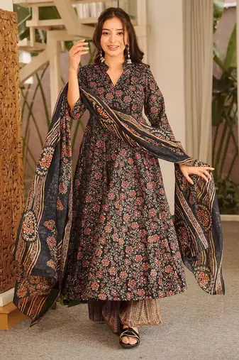 Black color muslin fabric designer digital printed readymade suit for fancy trendy looks