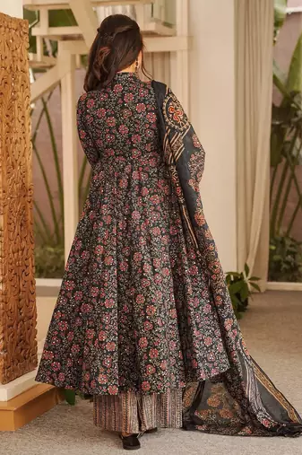 Black color muslin fabric designer digital printed readymade suit for fancy trendy looks