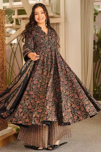 Black color muslin fabric designer digital printed readymade suit for fancy trendy looks