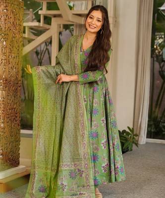 Green muslin digital printed readymade suit for fancy trendy looks 1