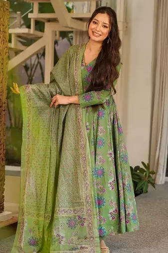 Green color muslin fabric designer digital printed readymade suit for fancy trendy looks