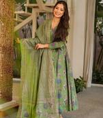 Green muslin digital printed readymade suit for fancy trendy looks