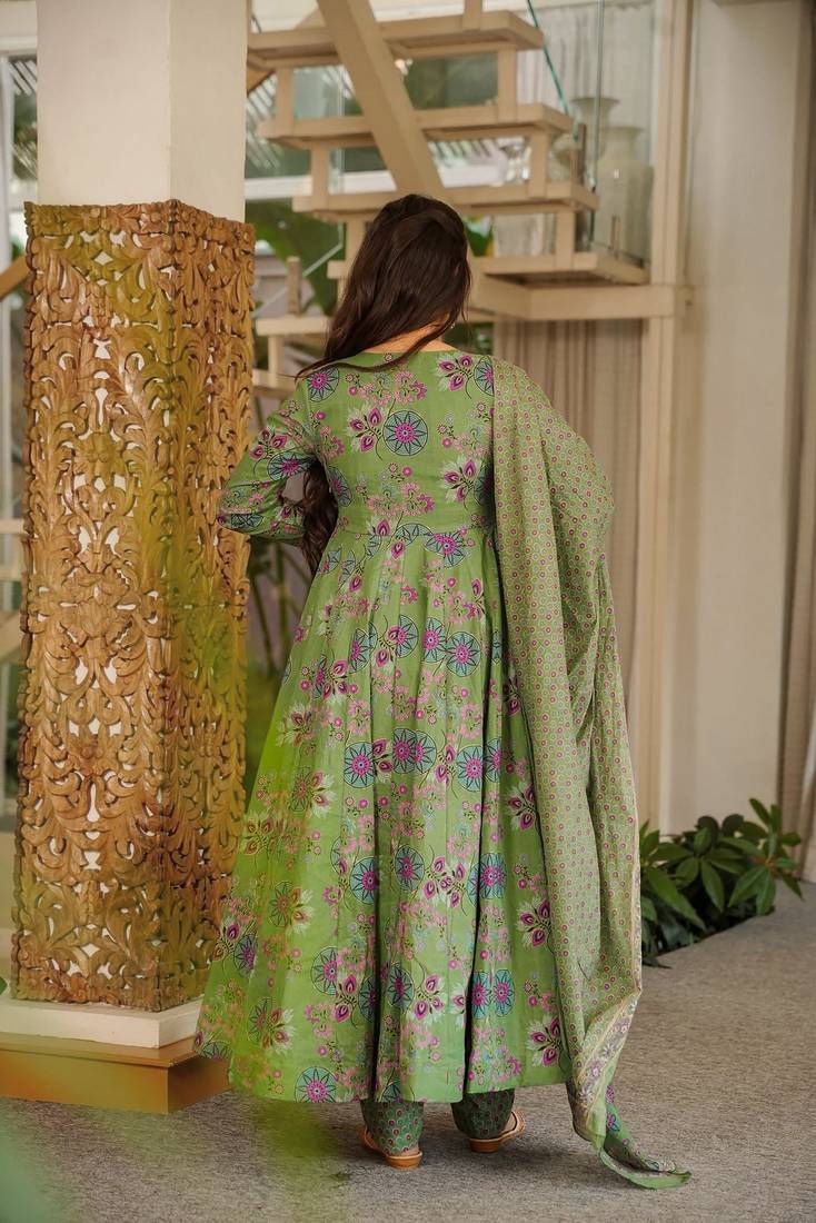 Green muslin digital printed readymade suit for fancy trendy looks