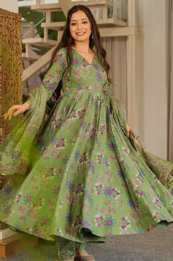 Green color muslin fabric designer digital printed readymade suit for fancy trendy looks