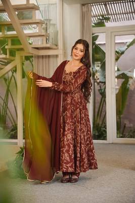 Brown muslin digital printed readymade suit for fancy trendy looks 1
