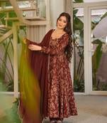 Brown muslin digital printed readymade suit for fancy trendy looks