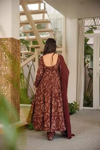 Brown color muslin fabric designer digital printed readymade suit for fancy trendy looks