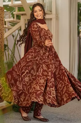 Brown color muslin fabric designer digital printed readymade suit for fancy trendy looks