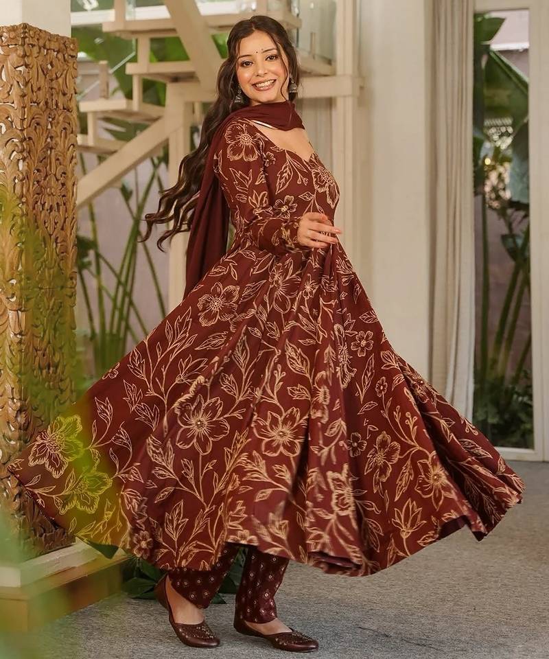 Brown muslin digital printed readymade suit for fancy trendy looks