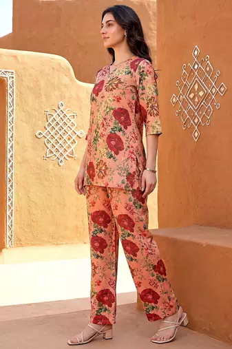 Peach color smart and stylish co-ord set dress for fancy girlie looks