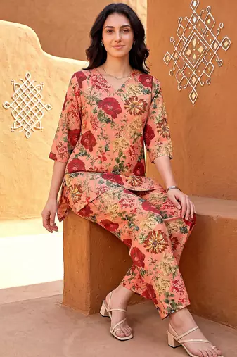 Peach color smart and stylish co-ord set dress for fancy girlie looks