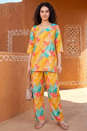 Yellow color smart and stylish co-ord set dress for fancy girlie looks