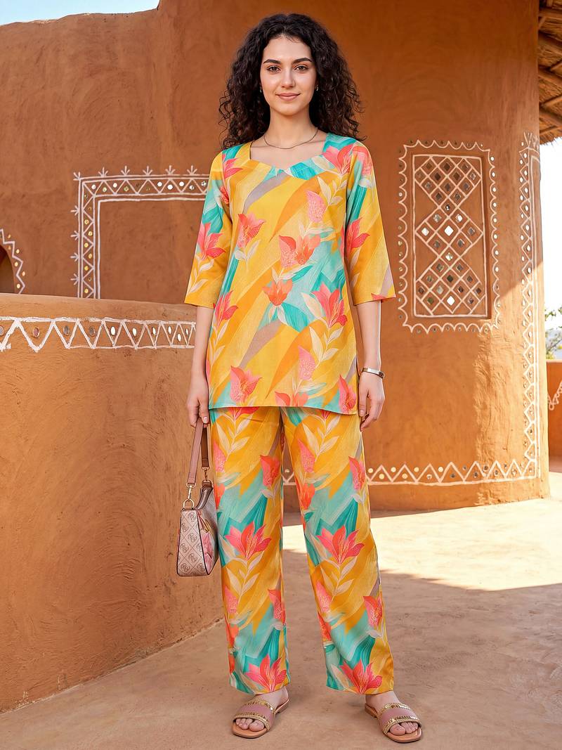 Yellow color smart and stylish co-ord set dress for fancy girlie looks