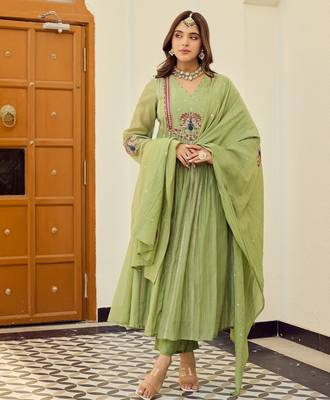 Green chanderi silk embroidery work fancy graceful partywear suit 1