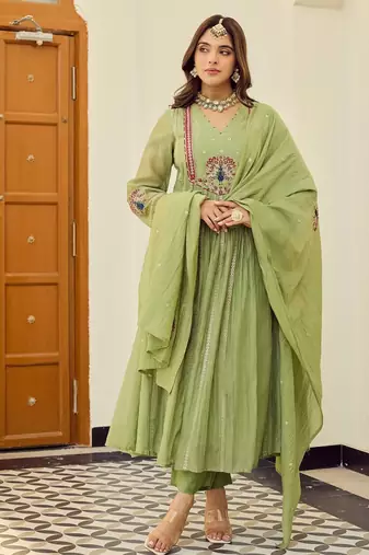 Green chanderi silk embroidery work fancy graceful partywear suit