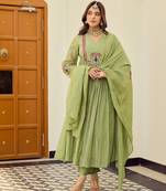 Green chanderi silk embroidery work fancy graceful partywear suit