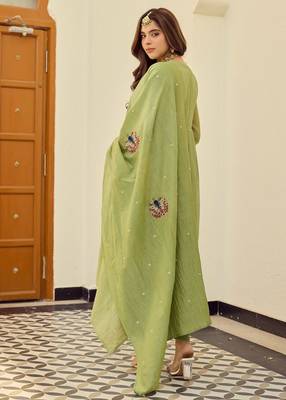 Green chanderi silk embroidery work fancy graceful partywear suit 2
