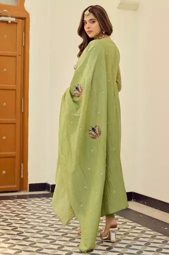 Green chanderi silk embroidery work fancy graceful partywear suit